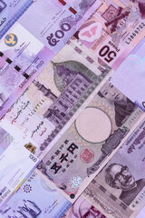 Money background, currency exchange, paper banknotes from different countries. Money cash currency