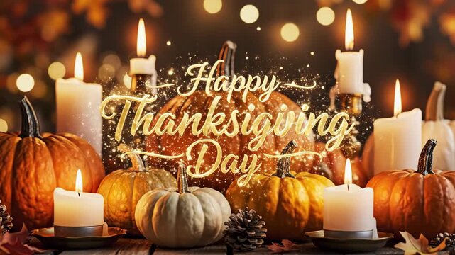 A festive Thanksgiving Day scene with various pumpkins, glowing candles, and warm bokeh lights in the background, featuring the text 'Happy Thanksgiving Day'.