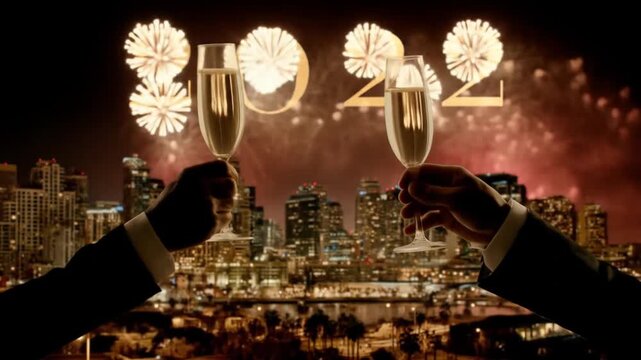 New year 2022 toast with fireworks and city skyline celebration