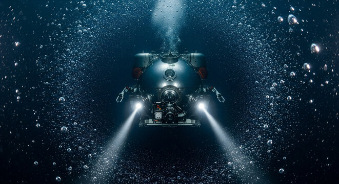 Unmanned Submersible Exploring Deep Dark Ocean Surrounded by Air Bubbles
An advanced, remotely operated underwater vehicle (ROV) or deep-sea submersible is dramatically captured moving through 
