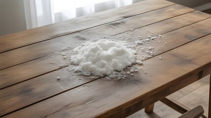 Rustic Wooden Christmas Table Covered in Artificial Snow Powder – Winter Holiday Background – Cozy Seasonal Decoration for Festive Celebrations and Interior Design – Natural Wood Texture Bright Light