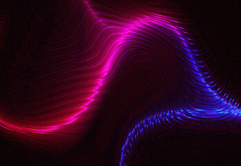 Abstract neon wave of pink and blue light flowing across a dark background, creating dynamic energy patterns ideal for technology, science, and futuristic design projects.