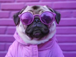 A pug dog wearing purple sunglasses and a jacket stands against a purple wall