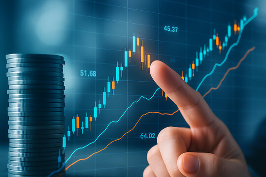 Investor finger pointing towards financial stock market trading chart representing data analysis investment growth and economic monitoring success