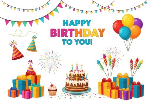 Happy birthday to you text with colorful balloons, fireworks, gifts, cake, and party hats