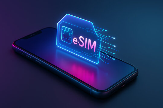 Mobile device with glowing eSIM hologram card representing digital telecommunication network futuristic innovation and wireless smartphone connectivity technology - Powered by Adobe