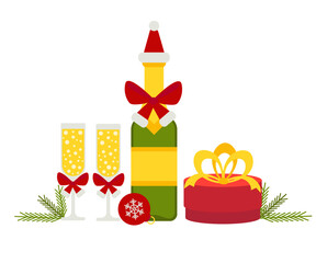 Christmas illustration of champagne bottle in Santa hat with two glasses decorated with red bows and fir branches. Perfect for holiday banners and cards.