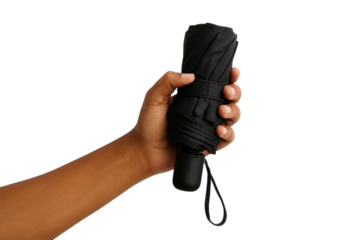 Dark-skin tone hand holding folded umbrella — PNG transparent