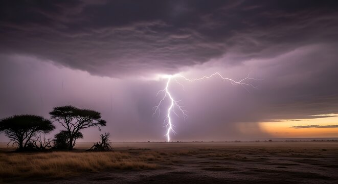 Dramatic lightning strike illuminates a stormy african savannah landscape at dusk