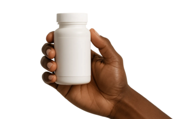 Dark-skin tone hand holding white pill bottle — PNG transparent