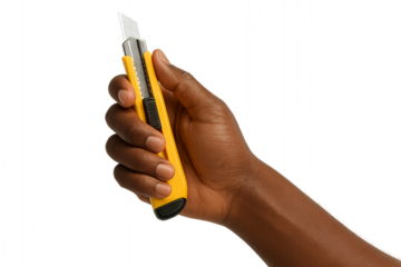 Dark-skin tone hand holding yellow utility knife — PNG transparent