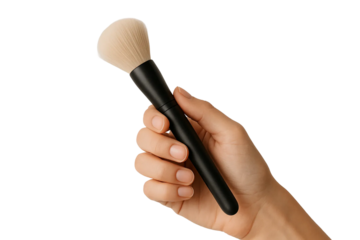 Light-skin tone hand holding makeup brush — PNG transparent