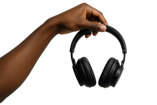 Dark-skin tone hand holding wireless headphones — PNG transparent