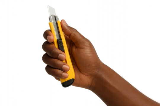 Dark-skin tone hand holding yellow utility knife — PNG transparent