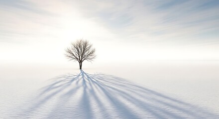 Lone snow covered tree stands on a windswept hill under a bright hazy sky