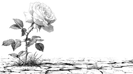 Sketchy vecter illustration of a monochrome drawing of a rose growing from cracked earth with a white background and leaves visible silhouette