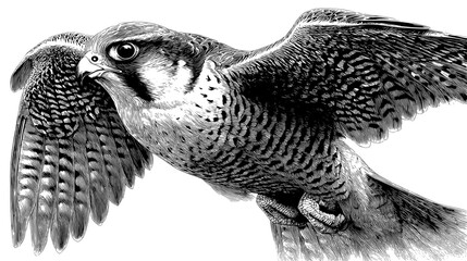 Sketchy vecter illustration of monochrome image of a falcon with its wings spread wide against a white background in a studio shot silhouette
