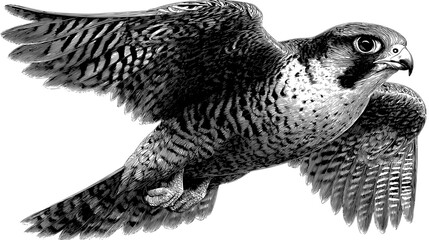 Sketchy vecter illustration of detailed monochrome drawing of a falcon in flight with wings spread against a white background silhouette