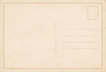Vintage postcard template with blank back side, creamy paper and subtle aging, address lines on the right, stamp box in corner, ideal for scrapbooking and retro stationery