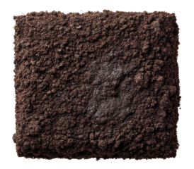A dark, textured square of dessert, likely a brownie or cookie.  Its surface is heavily speckled with crumbs