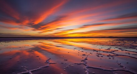 Vibrant sunset paints the sky with fiery orange and purple hues reflected on a wet beach