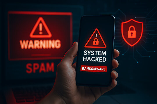Smartphone showing ransomware system hacked alert with digital warning notification and cybersecurity hacking awareness illustration - Powered by Adobe