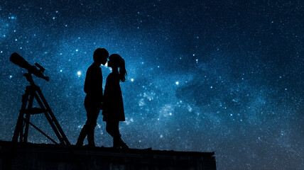 Romantic silhouette couple stargazing milky way with telescope show daughter appreciation time as bond between parent child dark night sky
