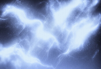 Naklejka premium Abstract blue and white smoky wisps swirl across a dark background with glowing particles, creating a surreal ethereal atmosphere for tech, science, and creative projects