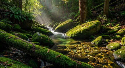 Sunlight streams through a lush green forest illuminating a moss covered stream and rocks
