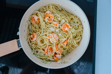 Shrimp Pesto Pasta in a Pan - Delicious Italian Cuisine.