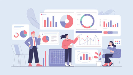 People analyzing data charts and graphs on screens