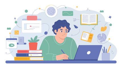 Person working at desk with laptop books and plant