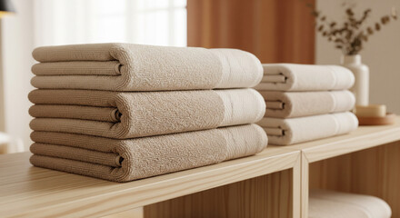 Luxurious Stack of Soft Beige Cotton Towels on Light Wooden Shelves
A close-up, warm-toned image featuring two neat stacks of plush, folded cotton bath towels in a neutral, earthy beige or sand color