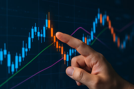 Business hand pointing at financial candlestick chart with bright market indicators and futuristic investment technology background - Powered by Adobe