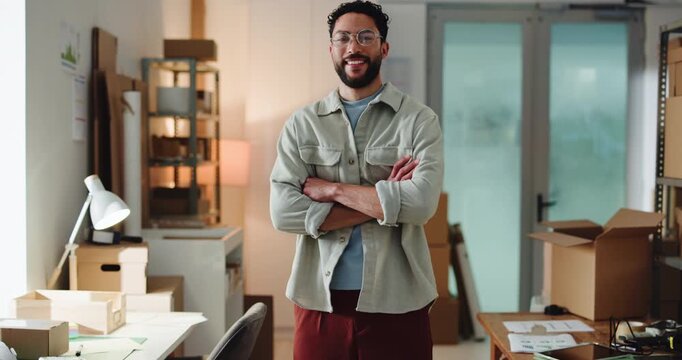 Face, ecommerce and man with smile, arms crossed and business owner with logistics. Happy person, pride and entrepreneur in workplace, procurement expert and distribution with supply chain in Brazil