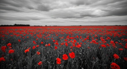 Obraz premium Blooming Red Poppies Field, Plants, Nature, Landscape, Wide-Angle, Overcast Sky, Outdoor Concept