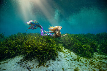 Side view of a beautiful mid adult woman with a butterfly pattern mermaid tail swimming along the ocean floor