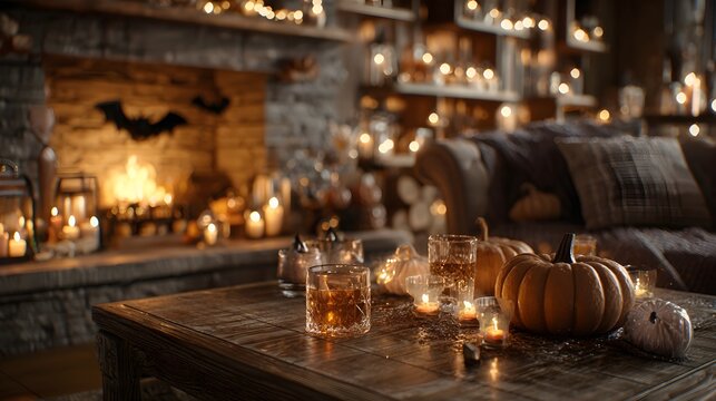 Cozy autumn evening ambiance with glowing candles pumpkins and warm drinks beside a crackling fireplace