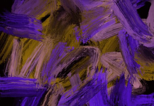 Abstract painted texture featuring bold purple brushstrokes over a yellow background, expressive art style with dynamic movement, painterly surface and vibrant color mix