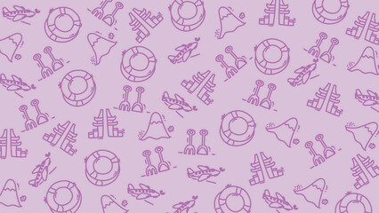 Cute Holiday Travel Doodle Pattern with Airplane and Summer Elements on Pink Background