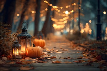 Cozy autumn pathway illuminated by vintage lanterns and festive string lights, perfect for evoking Halloween and fall celebration vibes.