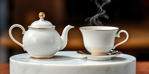Elegant porcelain teapot, steaming teacup on raised platform,   infusion,  white