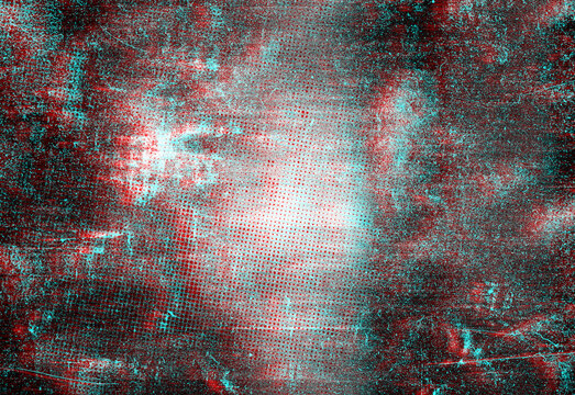 Abstract digital glitch texture featuring teal and red neon tones with a pixelated glow, chaotic noise pattern, futuristic cyberpunk background for tech design and visual effects
