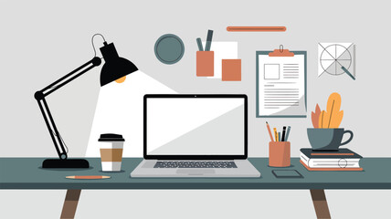 Desk with laptop coffee cup lamp and plant illustration