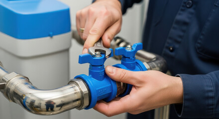 Close-up of plumber adjusting blue water softener valves with silver pipes in modern setting for plumbing and maintenance projects