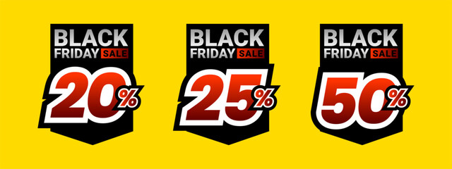 Set of black friday discount label vector illustration, sale banner for promotional 10% off, 20% off, 25% off special offer tag sticker design element	