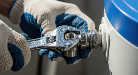 Close-up of plumber tightening clean water softener with adjustable wrench in vibrant blue and grey setting