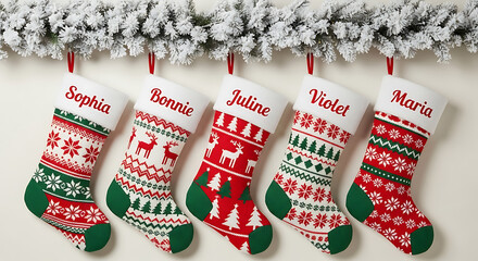 Five personalized Christmas stockings hang from a snowy garland, each with a unique knitted pattern.
