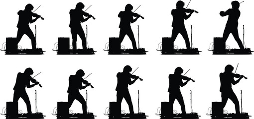 Violinist silhouette performing on stage, dynamic musician poses, concert energy, live music art, amplifier setup, microphone stand, flavector series