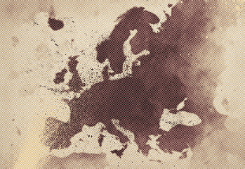 Vintage sepia world map texture focusing on Europe, with aged paper background and distressed grain, ideal for historical design, travel storytelling, and editorial layouts. © DesignSells